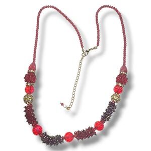 Red Pink Glass Bead Necklace 24–27" Faceted & Cluster Beads Gold Tone Sparkle